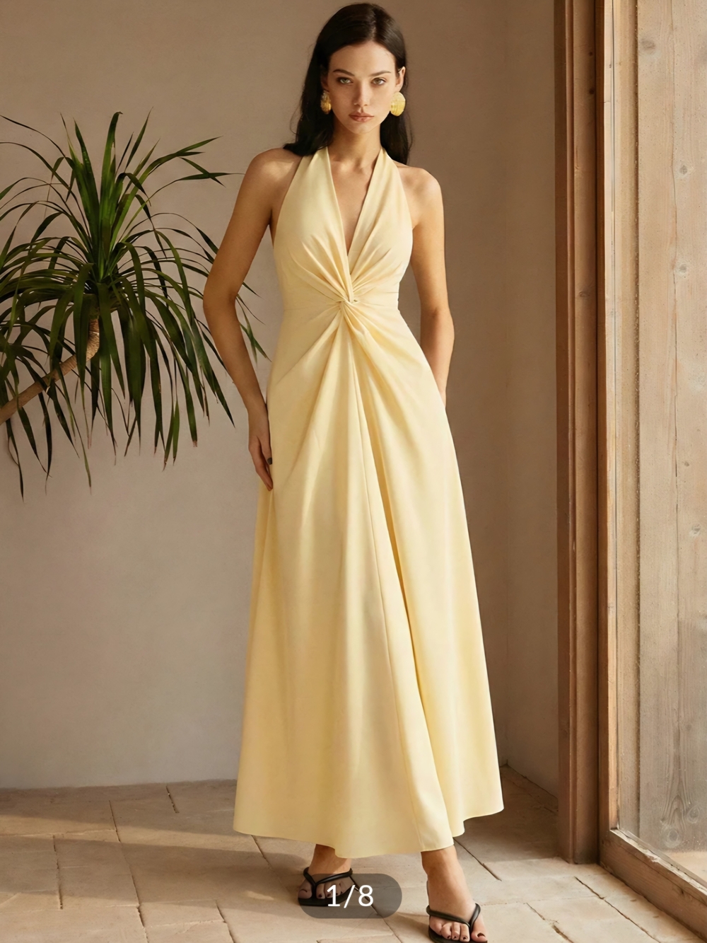 Commense Halter Knot-Front Maxi Dress in Pale Yellow - Picture 1 of 4